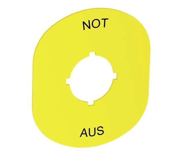 Gelbe Abdeckung mit der Aufschrift 'NOT AUS', die als Sicherheitskennzeichnung für einen Not-Aus-Schalter dient.