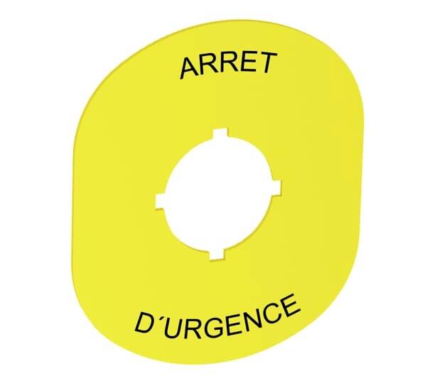 Gelbes Schild mit der Aufschrift 'ARRET D'URGENCE', das um einen Not-Aus-Knopf herum angebracht wird.