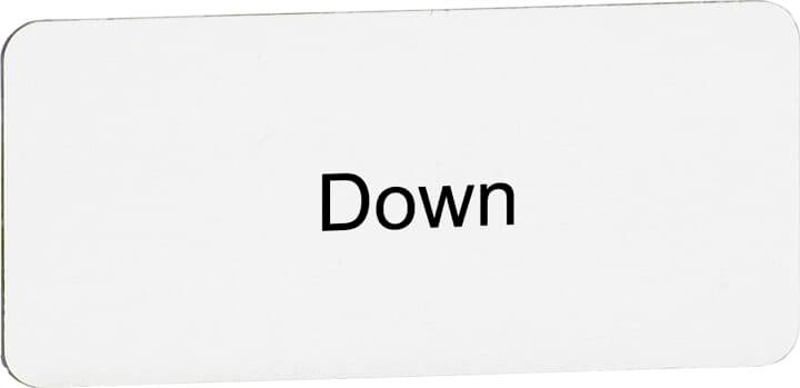Ein rechteckiges Schild mit abgerundeten Ecken. In der Mitte steht in schwarzer Schrift 'Down' auf weißem Hintergrund.