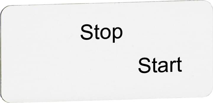 Rechteckiges Schild mit den Wörtern 'Stop' oben links und 'Start' unten rechts auf weißem Hintergrund.