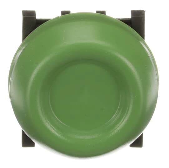 Grüner runder Kunststoffknopf, zentral in schwarzer quadratischer Halterung, vor neutralem Hintergrund.