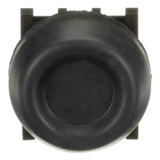 Eine schwarze, runde, vertiefte Taste auf einem elektronischen Bauteil, möglicherweise für eine Steuerung oder Bedienung.