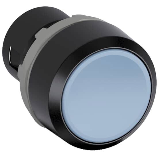 Ein runder, blauer Taster mit schwarzem Gehäuse. Achtsam in industriellen oder technischen Anwendungen verwendet.