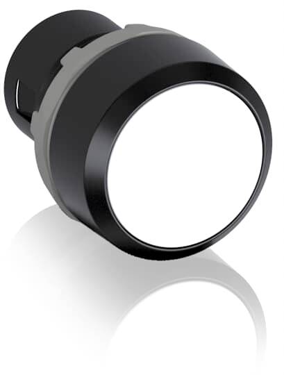 Ein schwarzer, zylindrischer Knopf mit einer weißen, reflektierenden Oberfläche, isoliert vor einem weißen Hintergrund.