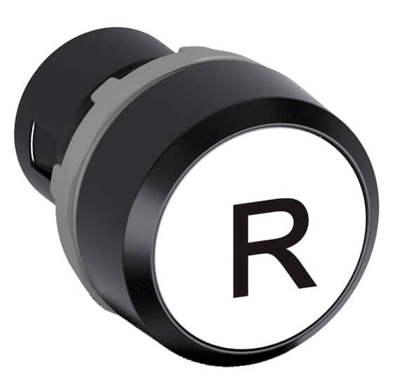 Ein runder, schwarzer Knopf mit einem weißen Zentrum, auf dem der Buchstabe 'R' in Schwarz abgebildet ist.