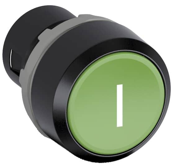 Ein großer, runder, grüner Knopf mit einem weißen 'I' darauf, dargestellt in einer leicht schrägen Ansicht.
