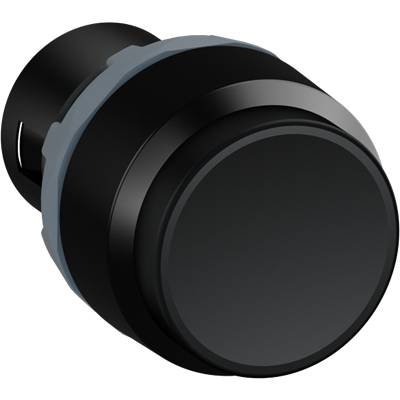 Ein großer, schwarzer Knopf mit einem grauen Ring auf schwarzem Hintergrund.