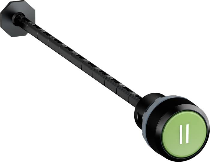 Ein langer Stab mit einem grünen Knopf am Ende, der ein Pause-Symbol zeigt. Der Knopf scheint zur Bedienung eines Geräts.