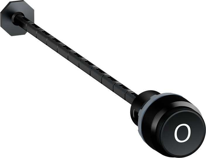 Schwarzer, langer Metallstift mit einem verzierten Knopf am Ende, auf dem ein 'O' abgebildet ist.