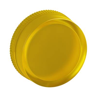 Ein gelber Plastikflaschendeckel auf schwarzem Hintergrund, von oben betrachtet.