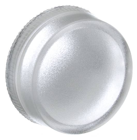Ein runder, silberner Metallknopf mit geriffeltem Rand und leicht gebogener Oberfläche.