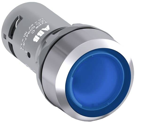 Ein blauer, runder Druckknopf mit metallener Einfassung, geeignet für Steuerungssysteme und Maschinenbedienfelder.
