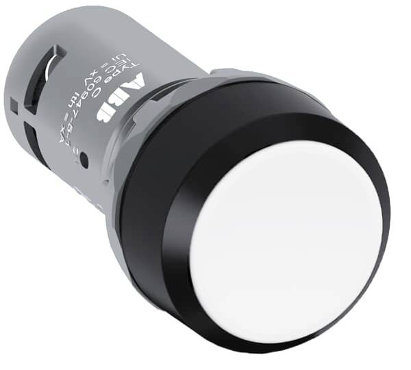 Runder, grauer Druckknopf mit weißer Oberseite, verwendet zur Steuerung in elektrischen Schaltungen. Montiert auf zylinderförmigem Sockel.