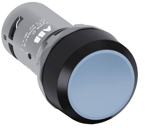 Grauer, zylindrischer Druckknopf mit einer blauen Vorderseite und schwarzem Rand, wahrscheinlich für industrielle Steuerungsanwendungen.