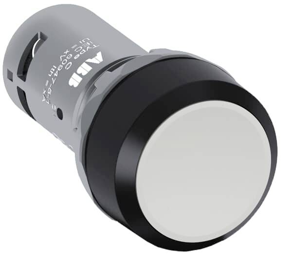 Taster mit rundem, weißen Knopf und schwarzem Rand. Text auf der Seite: 'ABD, 10A 600V'.