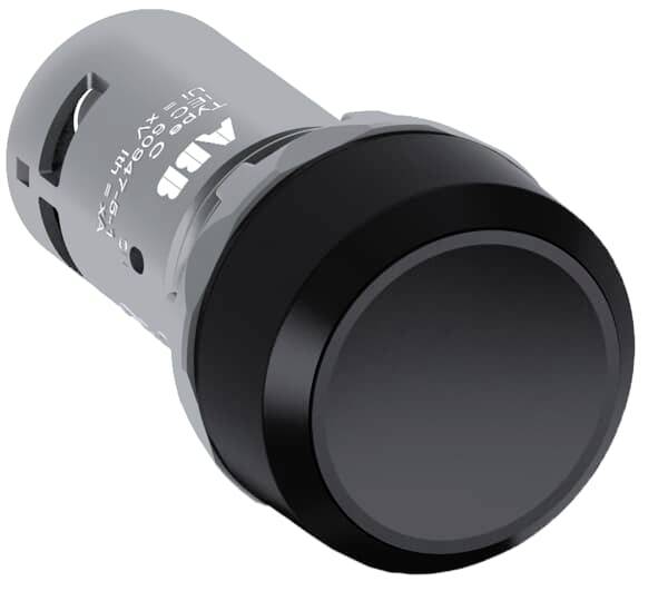 Rundes elektrisches Gerät mit schwarzer, glatter Oberfläche, seitlich graues Gehäuse mit technischen Angaben und Schriftzug 'ABB'.