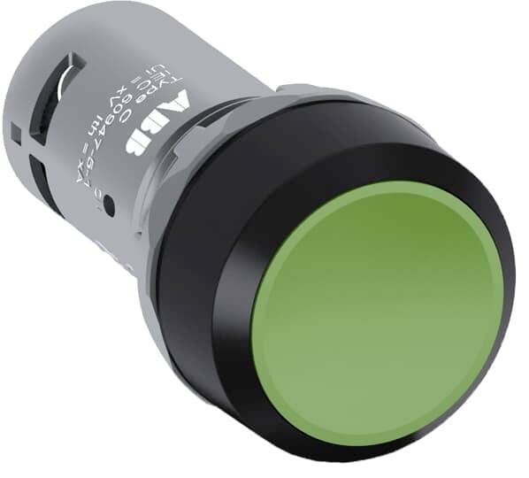 Grüner Druckknopf mit schwarzem Rahmen, oft verwendet in Maschinen oder Steuerungspaneelen zur Aktivierung einer Funktion.