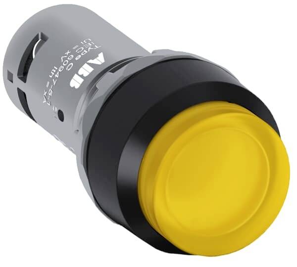 Ein grauer, zylindrischer Druckschalter mit gelbem Knopf. Geeignet für Industrieanwendungen. Herstellerlogo und Seriennummer sichtbar.