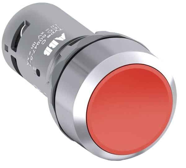 Ein großer, runder roter Knopf an einem metallic-grauen Gehäuse, möglicherweise ein Not-Aus-Schalter.