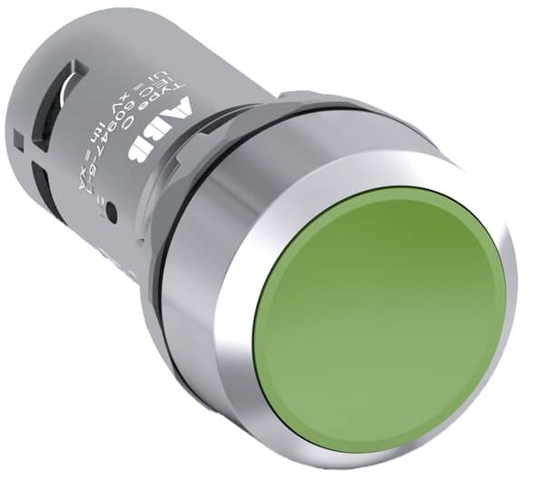 Runder grüner Druckknopf mit silbernem Rahmen, geeignet für Maschinensteuerung oder elektrische Schaltungen.