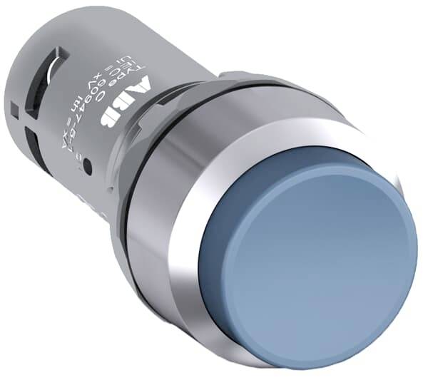 Ein runder blauer Druckknopf mit silbernem Gehäuse, geeignet für elektrische Steuerungen. Markenname auf der Seite sichtbar.