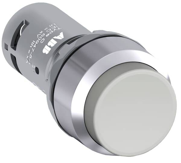 Ein silberfarbener Taster mit grauer, runder Fläche, geeignet für industrielle Steuerungssysteme. Klarer, minimalistischer Aufbau.