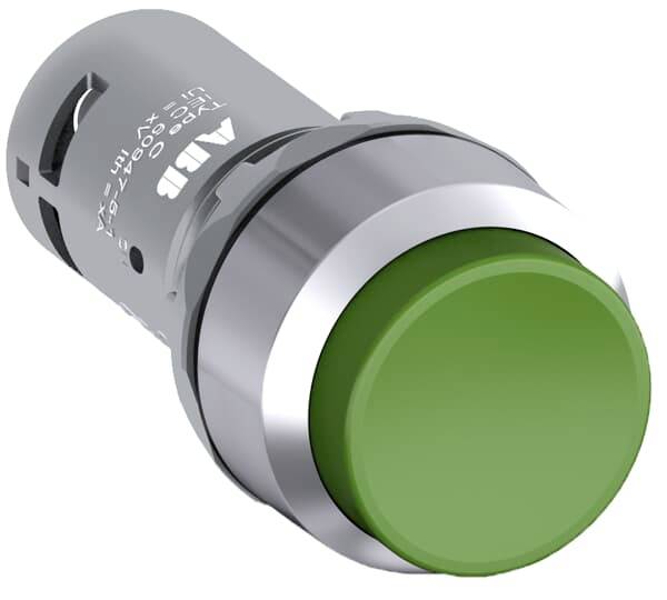 Ein grüner, runder Druckknopf mit silberner Halterung. Markiert mit 'ABB'. Verwendet für industrielle Steuerungsanwendungen.
