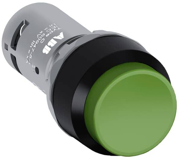 Grüner Druckknopf mit schwarzem Rand, zylindrische Form. Häufig verwendet zum Starten oder Auslösen von Maschinen oder Prozessen.