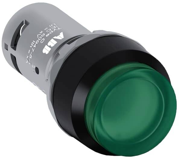 Grüner elektrischer Knopf mit schwarzem Ring, geeignet für industrielle Anwendungen.