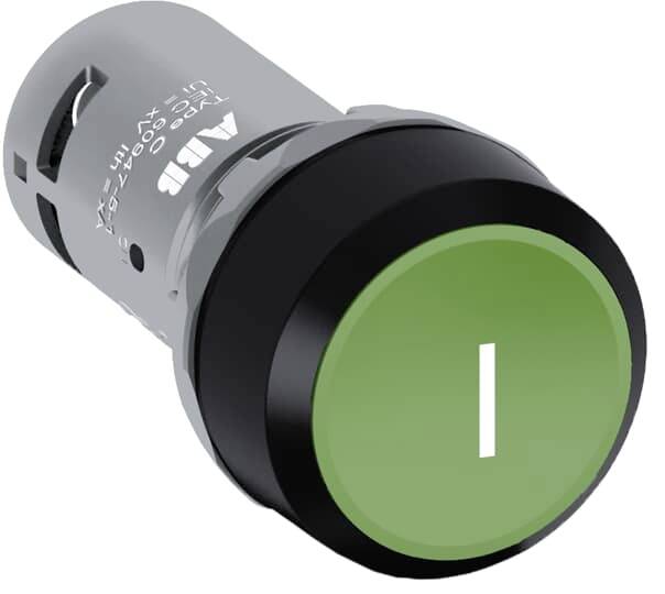 Grüner runder Knopf mit weißer Beschriftung 'I', zeigt Zustand oder Funktion an, möglicherweise für ein Gerät oder eine Maschine.