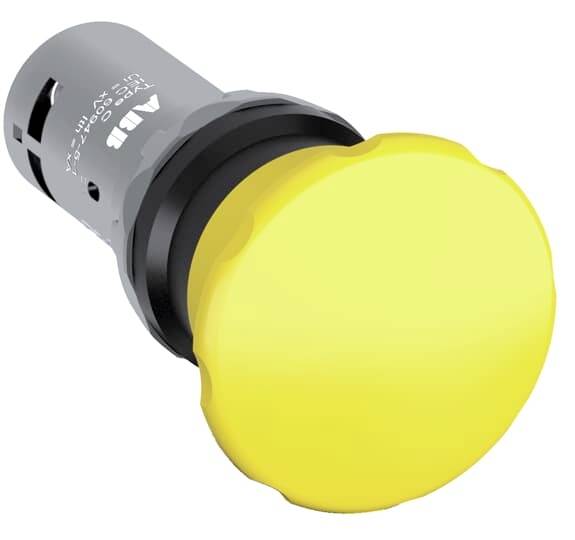 Gelber Not-Aus-Knopf vor weißem Hintergrund, Symbol für Sicherheit und Notabschaltung in industriellen Anwendungen.