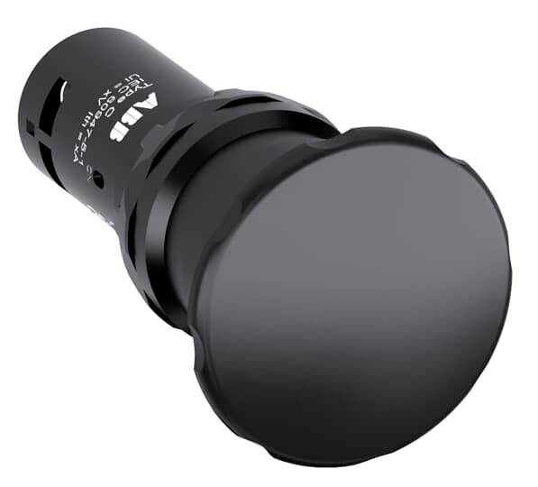 Ein schwarzer, zylinderförmiger Druckknopf mit Firmenlogo und Beschriftung. Er ist glatt und für industrielle Anwendungen geeignet.