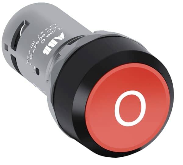 Ein großer roter Knopf mit einem weißen 'O' darauf, typischerweise verwendet als Ein/Aus-Schalter in elektronischen Geräten.