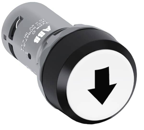 Druckknopf mit schwarzem Pfeil nach unten auf weißem Hintergrund.