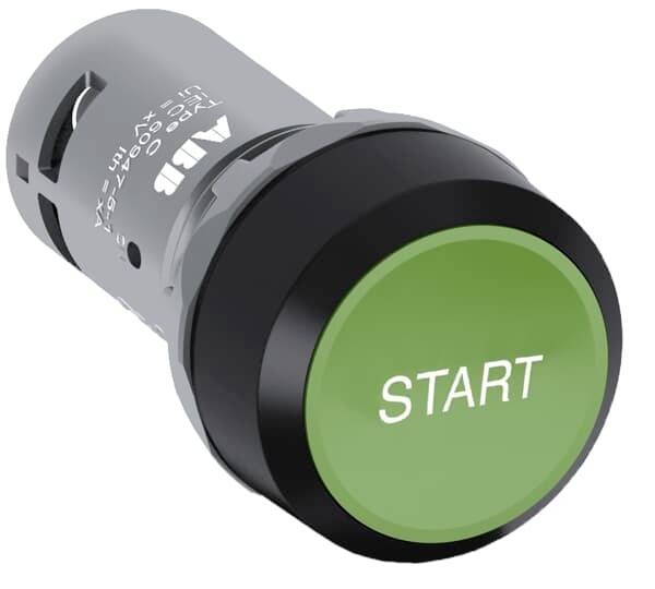 Grüner Startknopf mit der Aufschrift 'START' auf einem runden Gehäuse.