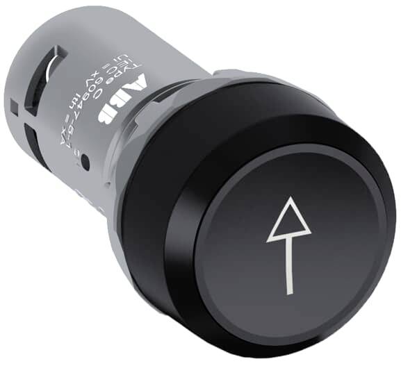 Ein schwarzer Druckschalter mit einem weißen Pfeilsymbol, das nach oben zeigt. Geeignet für Maschinenbedienfelder.