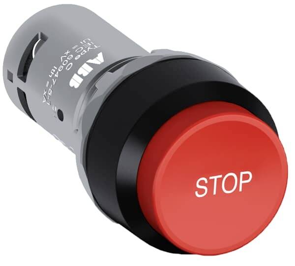 Roter Notaus-Knopf mit der Aufschrift 'STOP'. Der Knopf ist rund und hervorgehoben, bereit zur sicheren Abschaltung in Notfällen.