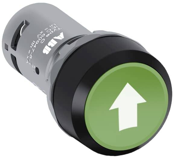 Ein grauer Druckknopf mit einem grünen Kreis, der einen weißen Pfeil nach oben zeigt, symbolisiert einen Befehl zur Aktivierung oder Bestätigung.