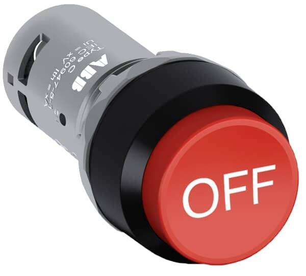 Roter Knopf mit der Aufschrift 'OFF' in weißer Schrift, Hinweis auf einen Schalter, der ausgeschaltet ist.