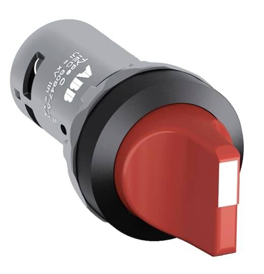 Roter Not-Aus-Schalter mit grauem Gehäuse, typischerweise für industrielle Sicherheit verwendet, zeigt eine Richtung zur Betätigung an.