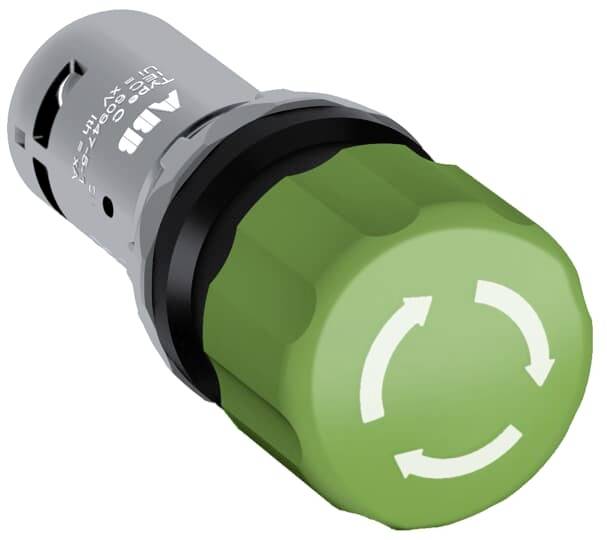 Grüner Knopf an einem Gerät mit weißen Kreispfeilen. Symbolisiert den Start oder Neustart eines Prozesses.