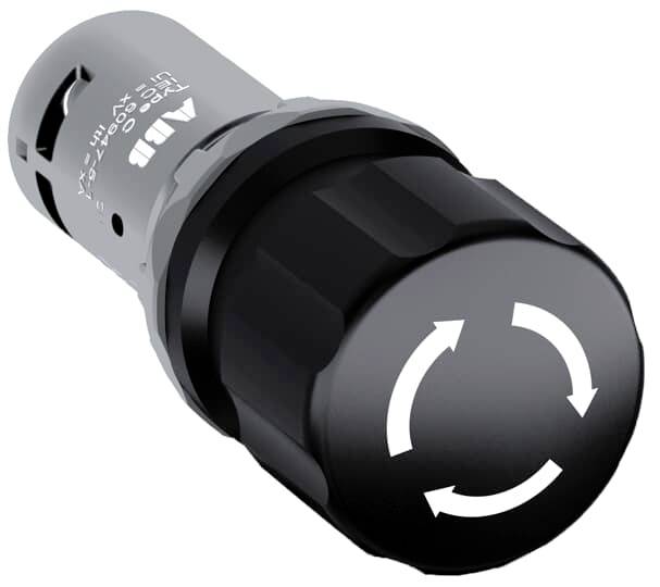 Ein kompakter, schwarzer Drehregler mit weißen Pfeilen, umgeben von einer metallischen Fassung. Zur Steuerung von Geräten geeignet.