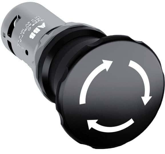 Das Bild zeigt einen schwarzen Drehknopf mit weißen Pfeilen in Kreisform, die eine Drehbewegung andeuten.