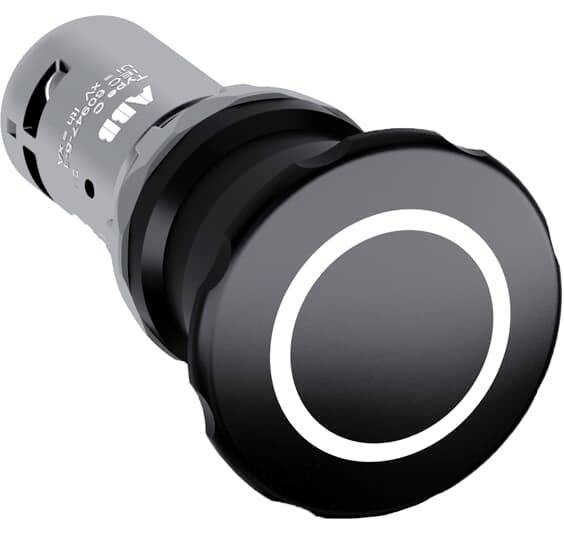 Ein schwarzer Druckknopf aus Kunststoff mit einem weißen Kreis auf der Oberseite, montiert auf einem grauen Metallsockel.