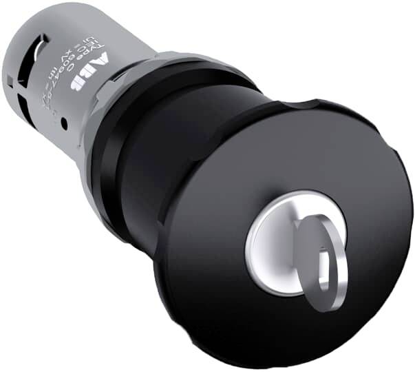 Nahaufnahme eines runden, schwarzen Sicherheitsschlosses mit eingelegtem Schlüssel auf grauem Hintergrund.