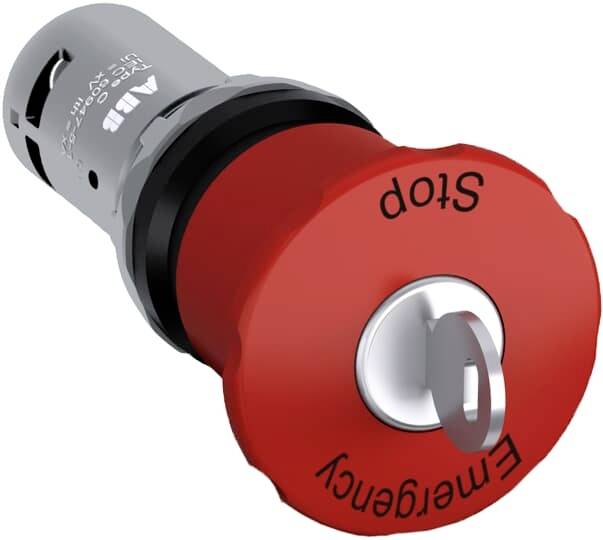 Roter Not-Aus-Knopf mit Beschriftung 'Emergency Stop', Schlüssel im Schloss. Verwendet zur sofortigen Abschaltung von Maschinen.