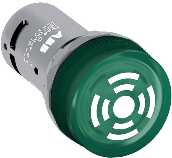 Ein grün leuchtendes Signalgerät mit runden Lichtringen, das für Sicherheits- oder Alarmzwecke in industriellen Umgebungen genutzt wird.
