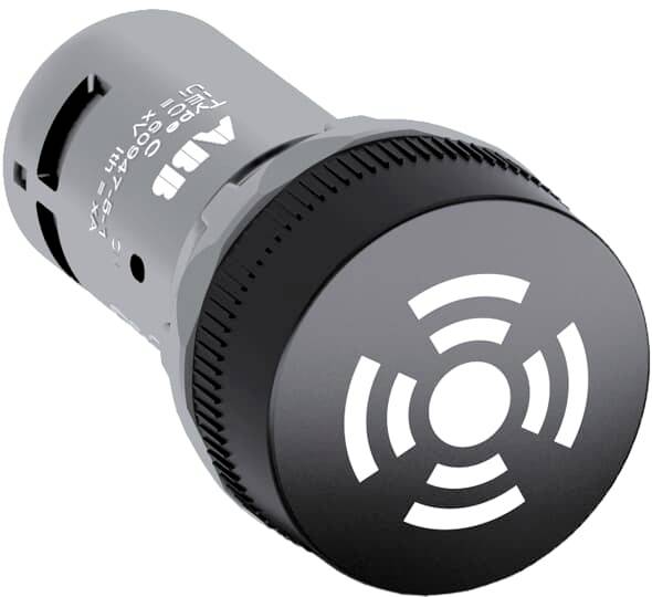 Industrieschalter mit schwarzer Front und weißem Symbol für akustische Anzeige, zylindrische Form, geeignet für Alarmsysteme.
