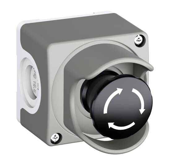 Grauer elektrischer Schalter mit schwarzem Drehknopf; weiße Pfeile im Kreis zeigen Drehrichtung an; montiert auf rechteckiger Box.