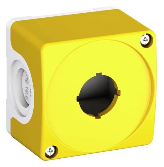 Gelbes, quadratisches Kunststoffgehäuse mit einer runden Öffnung in der Mitte und Schrauben an den Ecken, zur Aufnahme von Schaltern oder Steckverbindungen.